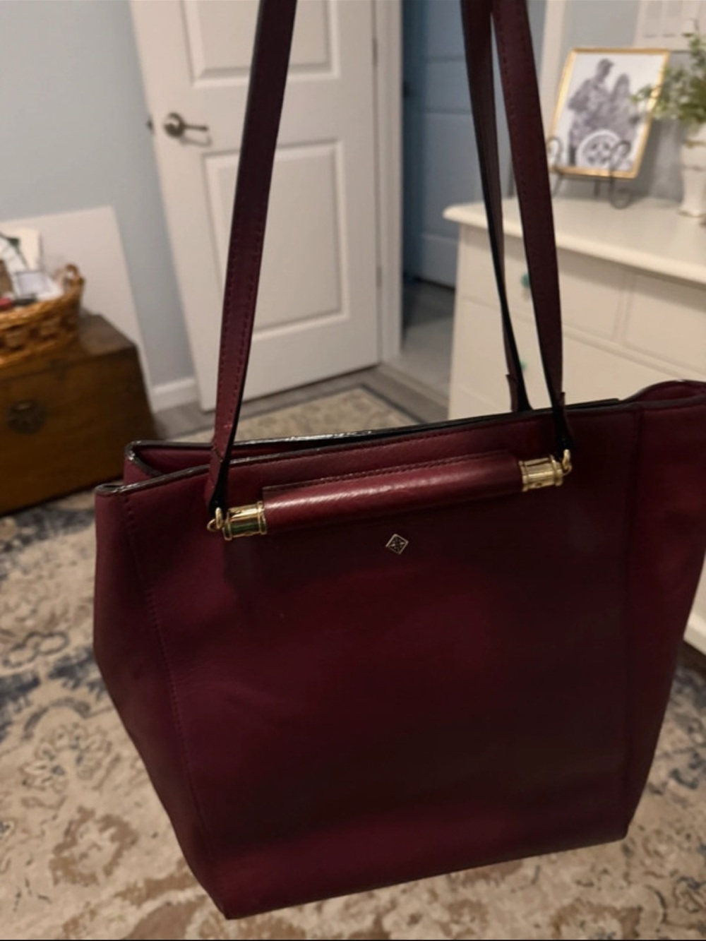 ANTONIO MELANI Maroon Leather Tote with Gold Hardware